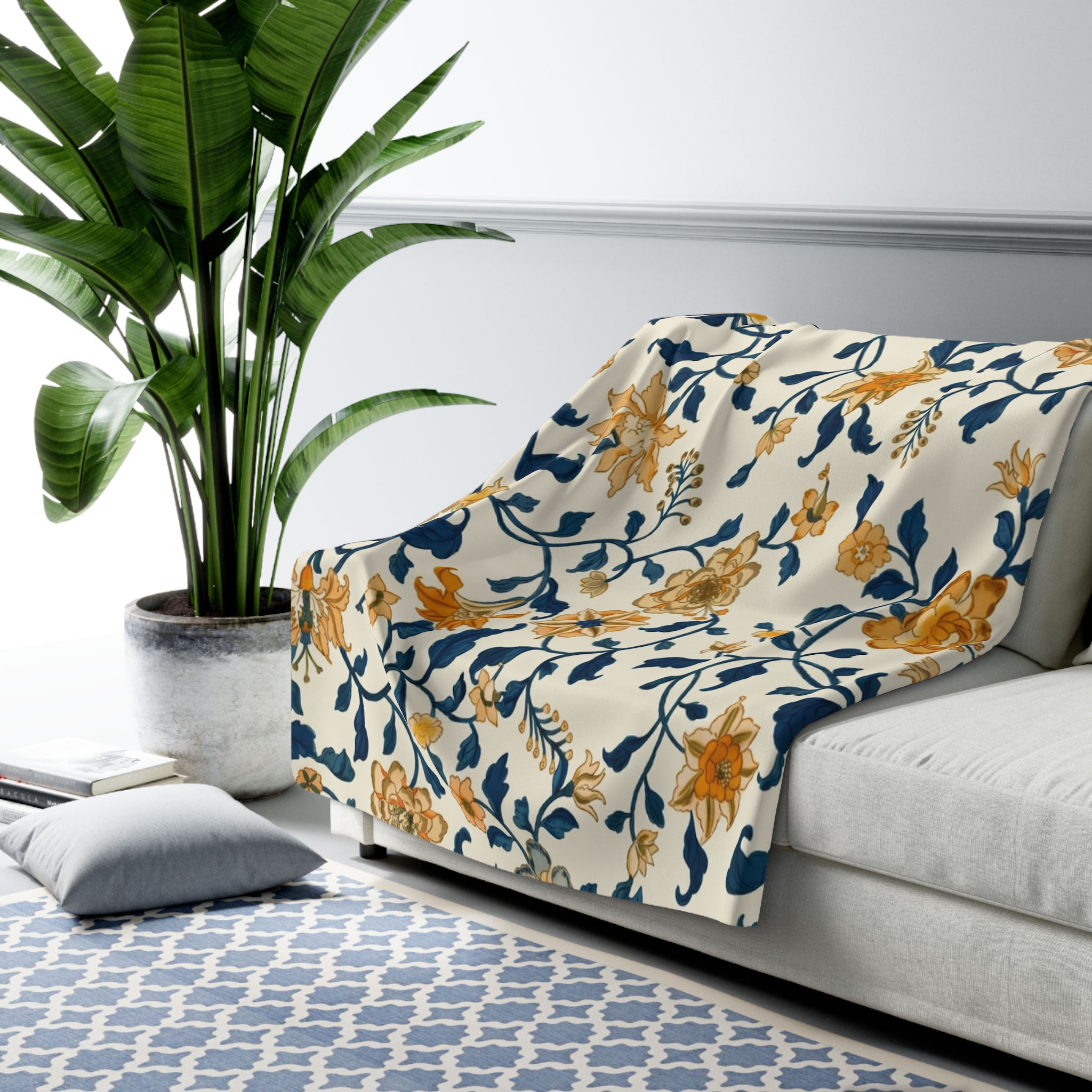 Nouveau Vine Sherpa Fleece Blanket - Navy & Mustard