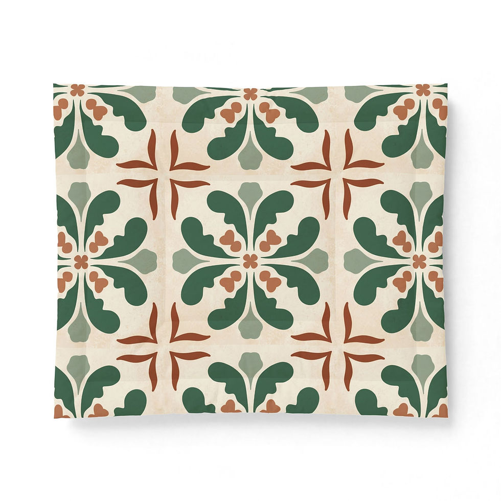 Thumbnail: A top-down, flat lay view of the cotton comforter showcasing a repeating geometric block tile pattern