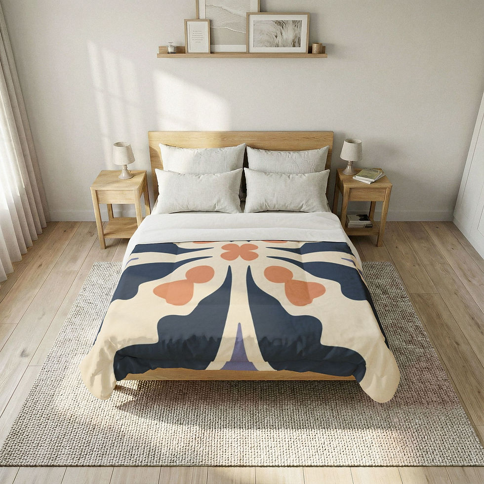A top-down flat lay view of the cotton comforter featuring a single large, symmetrical geometric flora