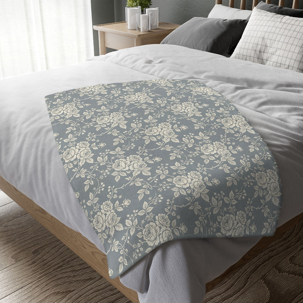 Thumbnail: Vintage Rose Toile Velveteen Blanket - Slate Blue