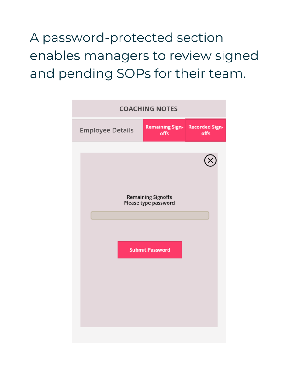 A password-protected section enables managers to review signed and pending SOPs for their team.