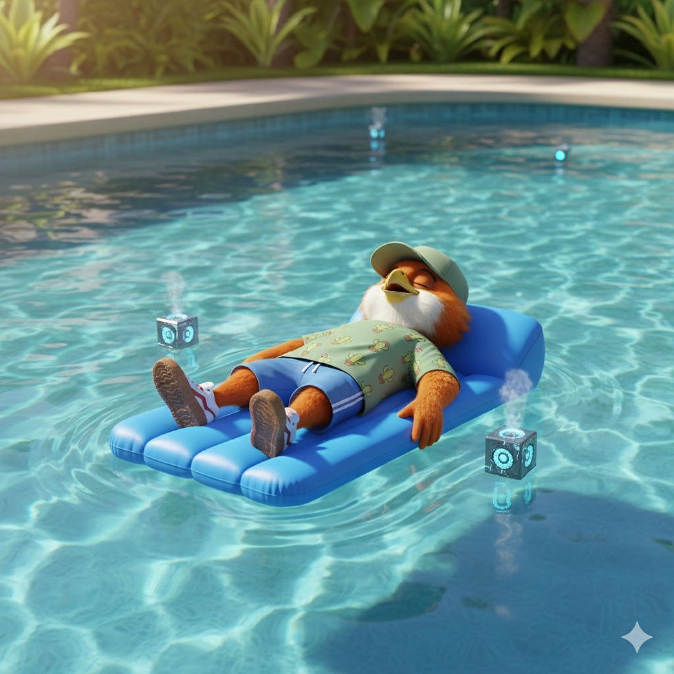 MilestonesHQ mascot relaxing on a pool float, symbolizing peace of mind and stress-free trucking paperwork management