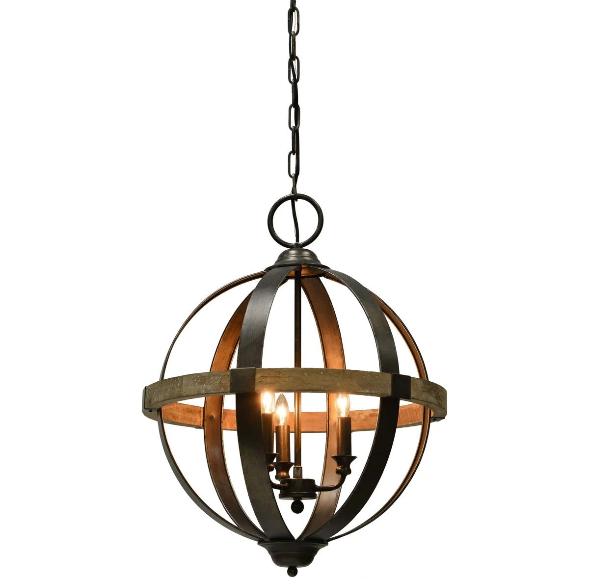 3 LIGHT WOOD & IRON CHANDELIER