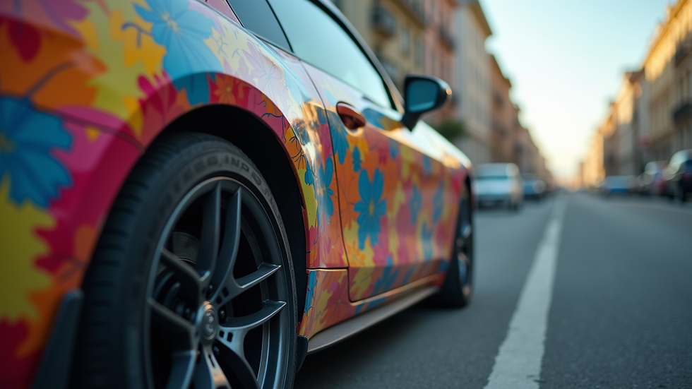 Close-up view of a car with a colorful advertisement wrap