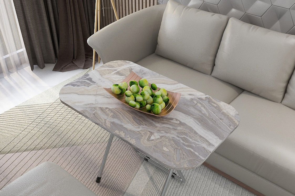 The 60 x 90 cm Okuyan Folding Table from the Soil Series, set up in a cozy living room, demonstrating its practical and stylish use in a modern home setting.