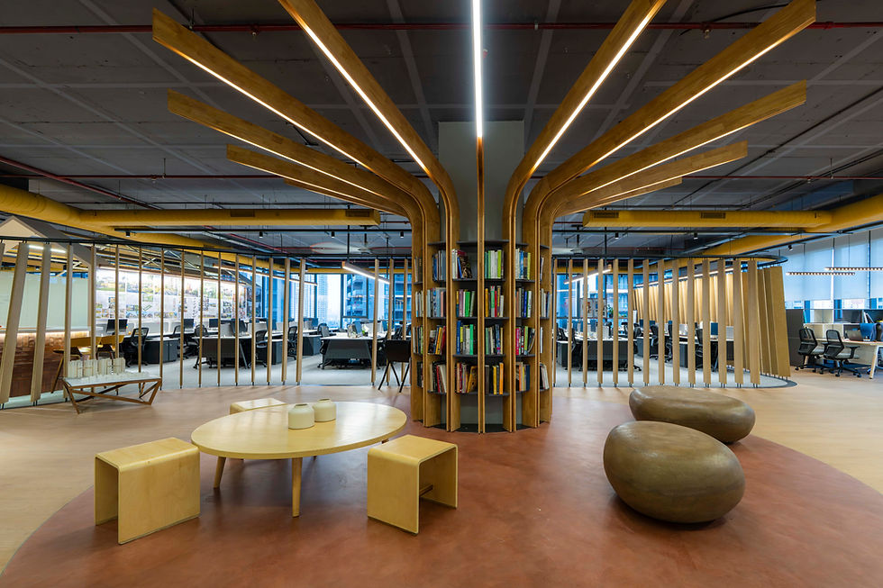 Completed office interior with timber feature columns and library corridor