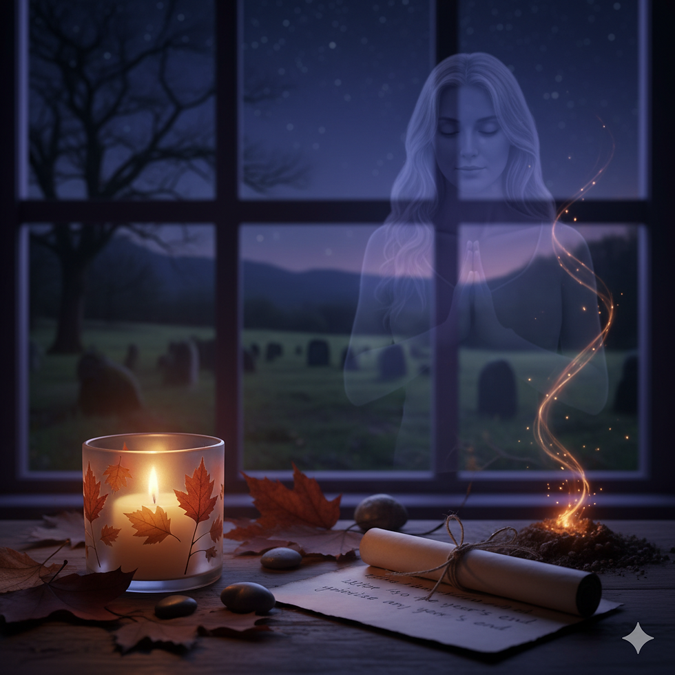 Candlelit Samhain altar with autumn leaves, handwritten letter, and glowing scroll, set before a night window overlooking a graveyard. A peaceful spirit figure with hands in prayer rises in the background, symbolising ancestral connection and seasonal reflection.