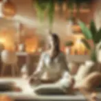 A woman sitting cross-legged on a cushion in a softly lit, peaceful room, practicing deep breathing or meditation. The room has warm lighting, soft pillows, and nature-inspired decor like houseplants and calming artwork, creating an atmosphere of relaxation, mindfulness, and stress relief.