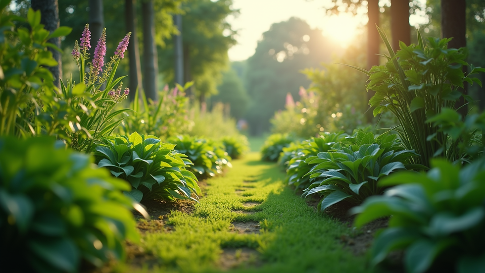 Eye-level view of a lush green garden with diverse plants