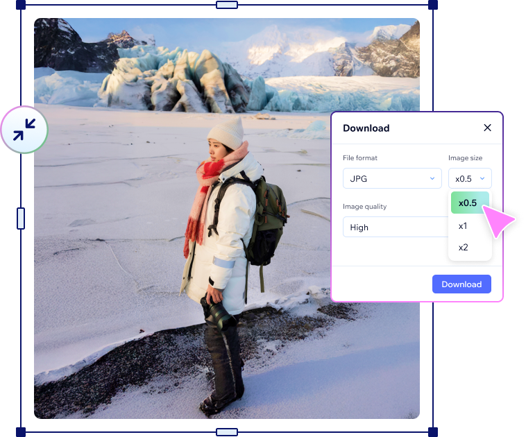 A photo of someone in a snowy landscape. There’s an overlay showing Wixel’s image compression options, with the 0.5x compression option highlighted.
