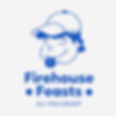 A playful logo featuring a blue line drawing of a smiling boy in a cap sticking his tongue out, above bold blue text reading “Firehouse Feasts, All You Can Eat” on a light grey background.
