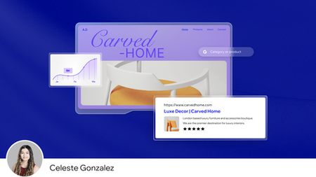 a graphic of a homepage with a traffic chart and search result preview. There's also an image of author Celeste Gonzalez in the bottom-left.