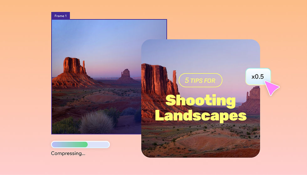 JPEG of the Monument Valley landscape with overlaid text for photography tips. The image is being compressed with visible settings for reduced file size.