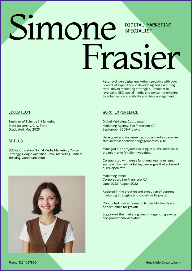 A digital marketing resume created with Wixel’s resume builder, showing customization options and PDF export.