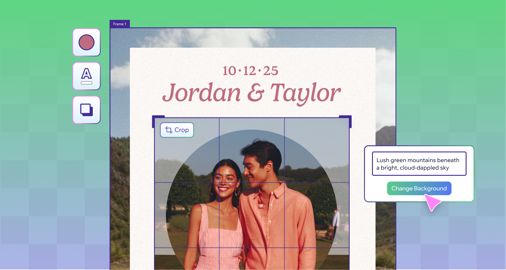 A wedding invite being created in the Wixel editor. The Background Changer and Image Cropper tools are being used in the design.