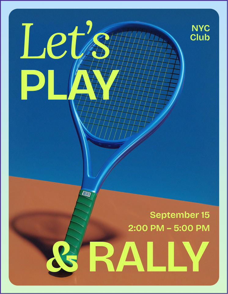 A tennis-themed event invitation template in the process of being edited. A font option is selected and a tennis ball element is being resized.