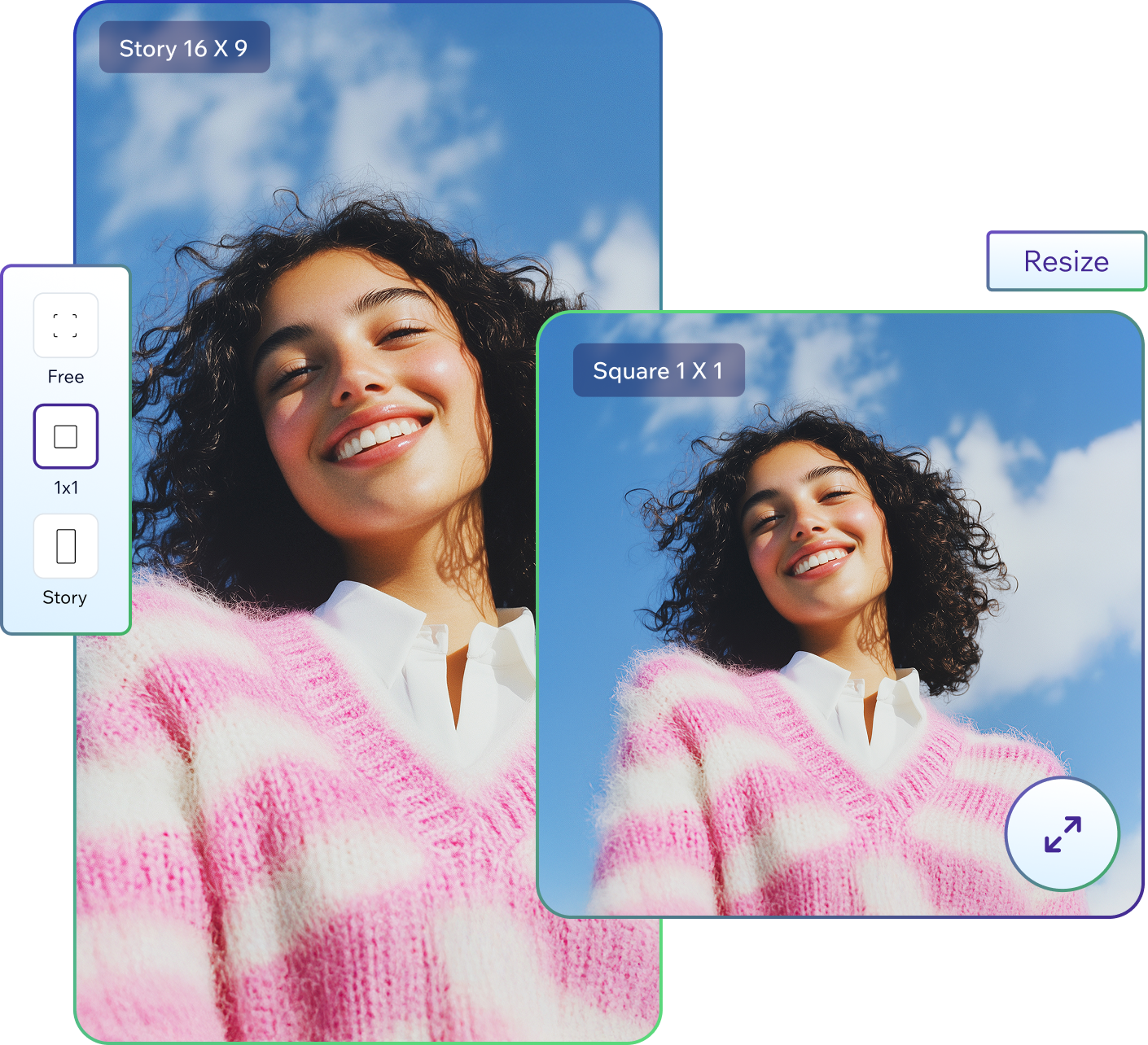 Image resizer tool displaying a smiling woman in a pink sweater. The interface shows resizing options including 'Story 16:9' and 'Square 1:1'. Reply