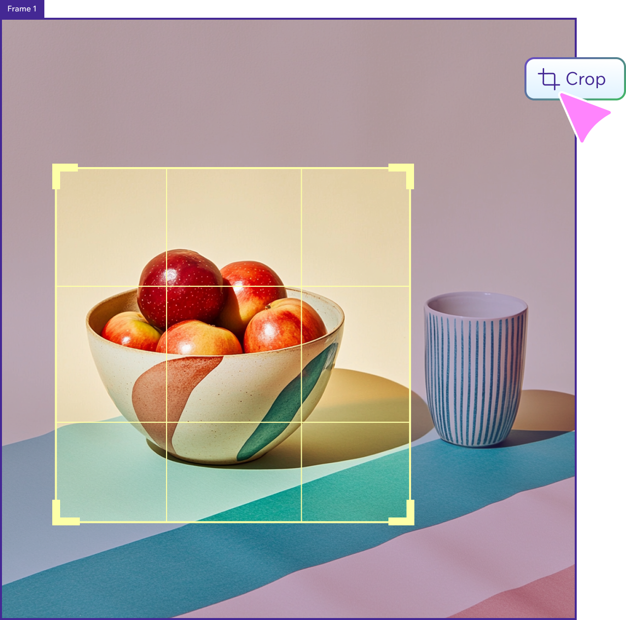 Image cropper applied to an image of a bowl of apples next to a cup. The crop selection focuses on the bowl of apples.