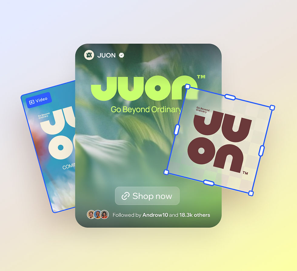 A modern beauty logo design for a brand called Juon made up of rounded text and a tagline. The logo is repurposed into other designs including a social media ad and a video.