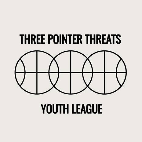 A sports logo for a youth league called Three Pointer Threats, featuring three interlocking basketball outlines in black on a cream background.