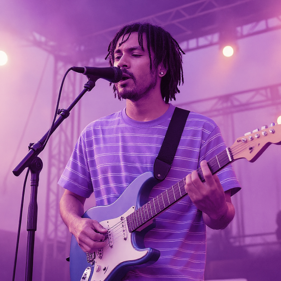 An image of a musician playing guitar that’s split into a before and after. One side shows the photo with its original colors, and the other shows it recolored with a purple tint.