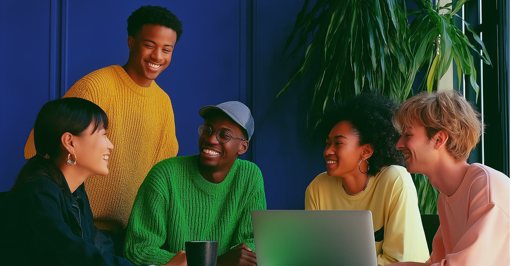 Five Wixel team members gathered around a laptop, smiling as they collaborate.