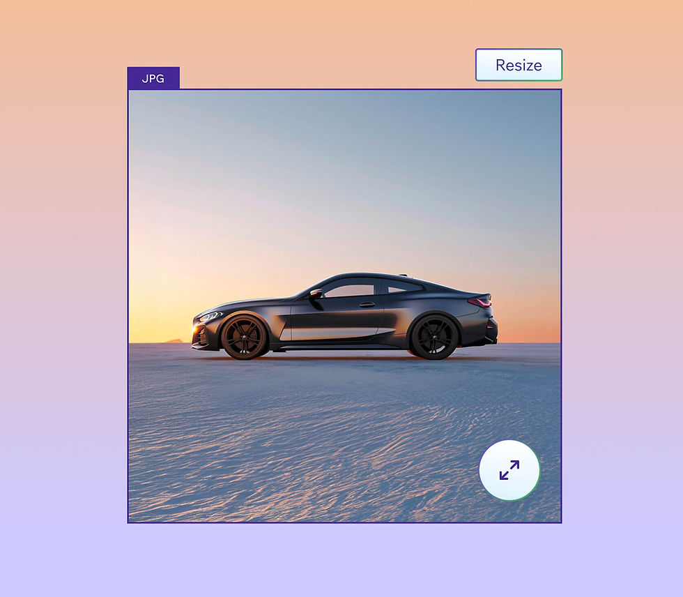 A sleek black sports car parked on a snowy landscape at sunset, displayed in the JPG resizer tool. Resize options are available in the interface.