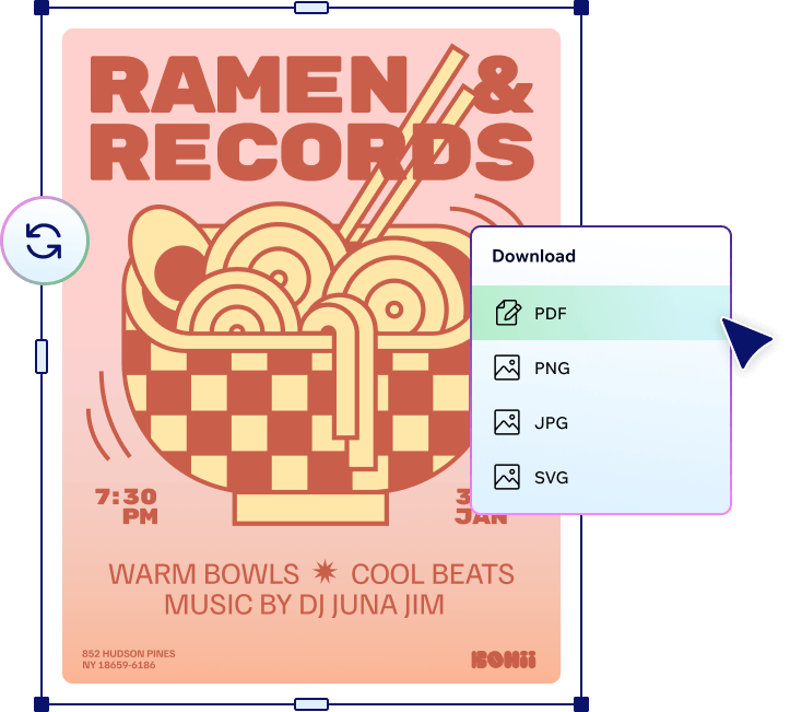 A bright and colorful poster advertising a "Ramen and Records" event being prepared for download as a PDF.