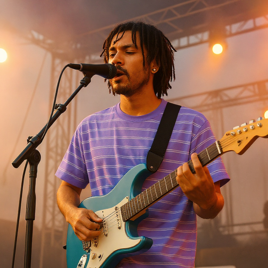 An image of a musician playing guitar that’s split into a before and after. One side shows the photo with its original colors, and the other shows it recolored with a purple tint.