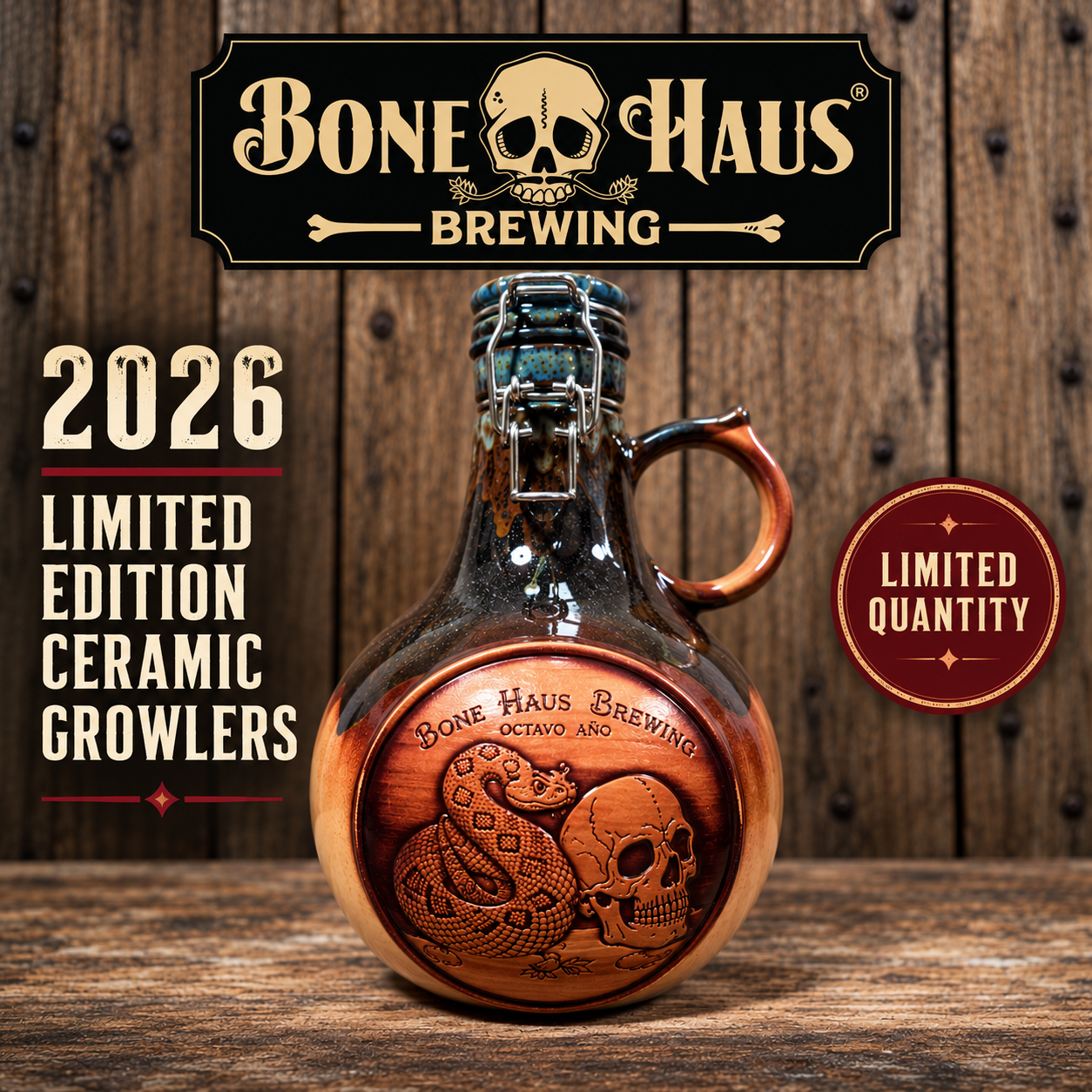 Bone Haus Brewing 2026 limited edition ceramic growler with skull and rattlesnake artwork