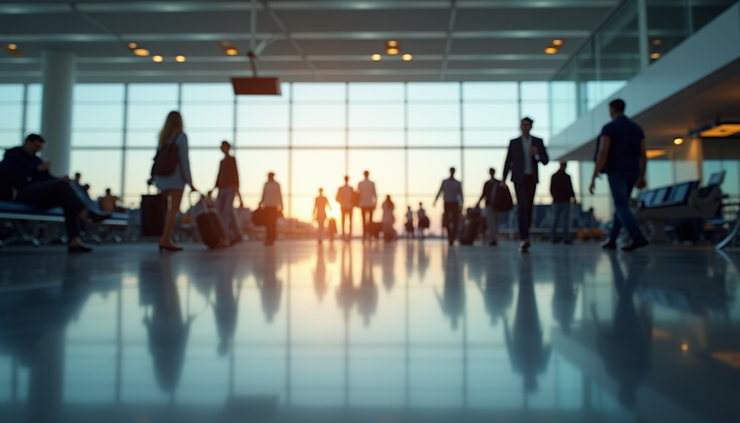 Eye-level view of a busy airport terminal with passengers walking and waiting