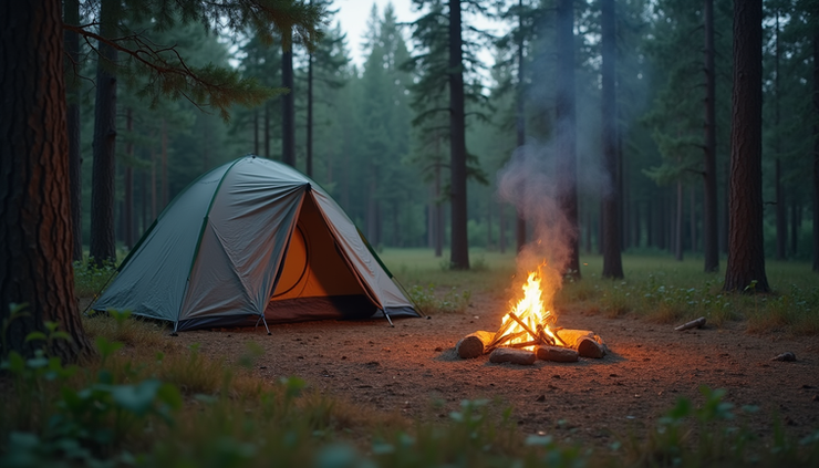 Eye-level view of a well-organized campsite with a pitched tent and campfire surrounded by forest trees