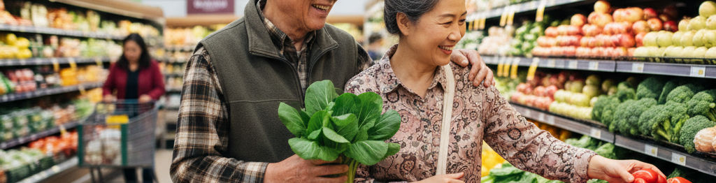 Elderly happy Chinese Couple shopping in the produce section at a US grocery store.jpg