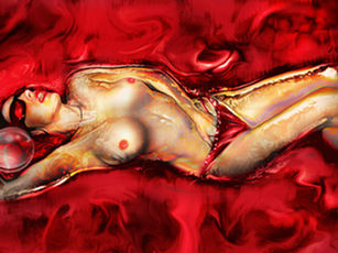 A naked woman masturbating on red velvet sheets