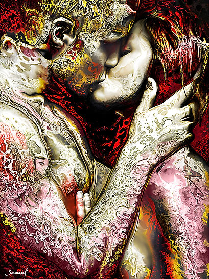 Erotic art of a hot kiss between man and woman