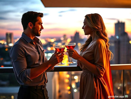 A couple in a balcony with glasses of wine, dating for sex
