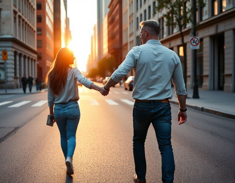 A couple walking in the streets holding hands