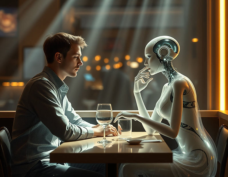 A human silhouette and a glowing AI silhouette sitting across from each other at a café table, engaged in conversation.