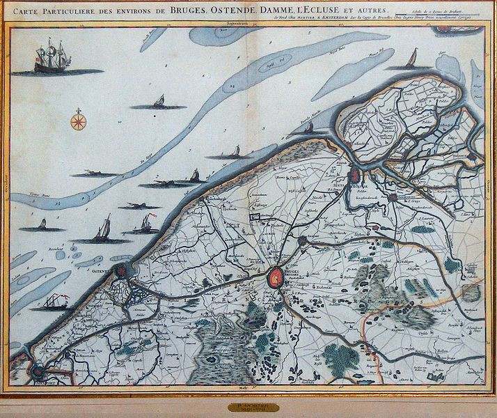 An old map of Ostend and Bruges in Belgium depicting the siege