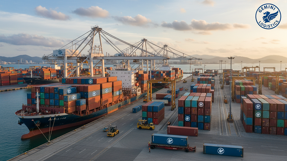 Eye-level view of a busy Malaysian port with cargo containers stacked
