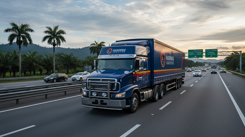 Eye-level view of a heavy-duty truck on a Malaysian highway