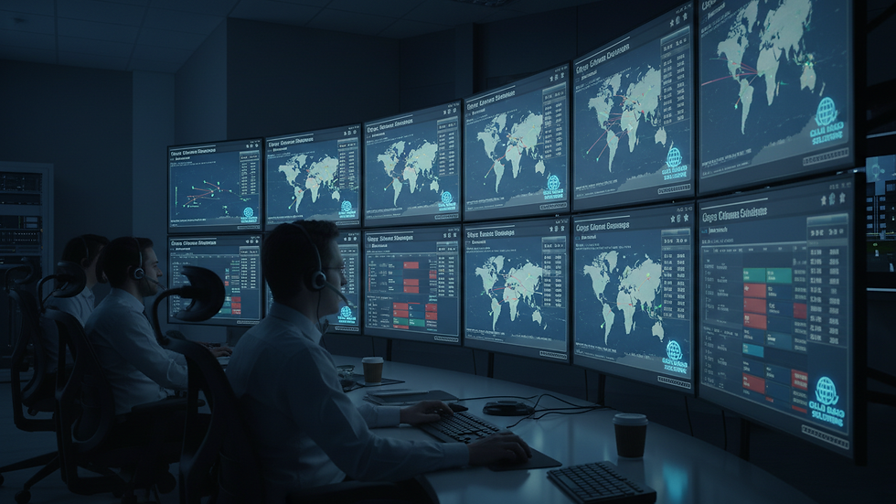 Close-up view of a logistics control room with multiple screens showing shipment tracking