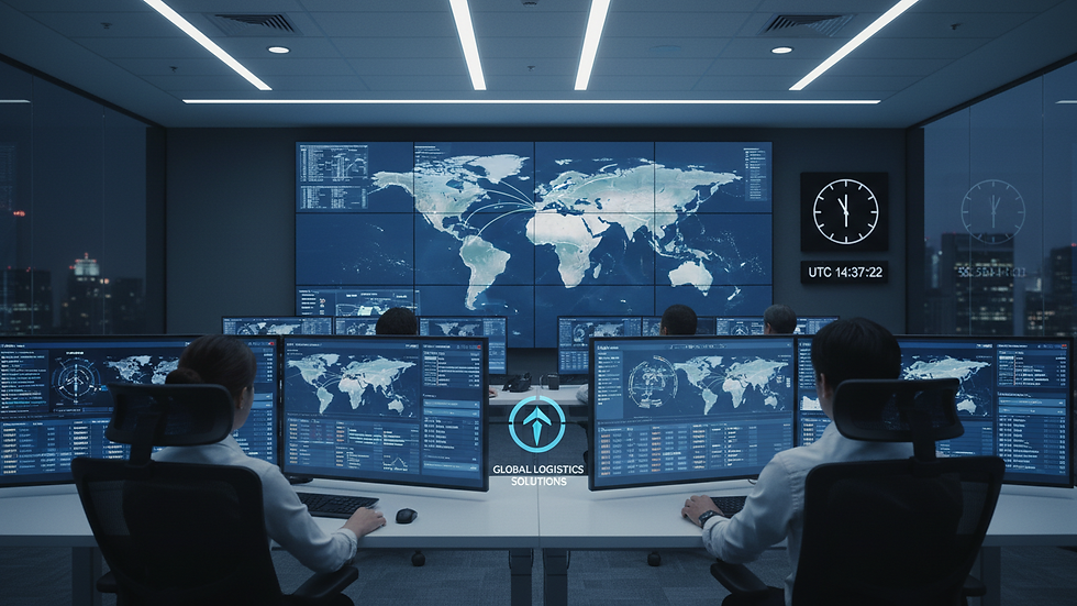 Eye-level view of a logistics control room with multiple screens showing shipment tracking