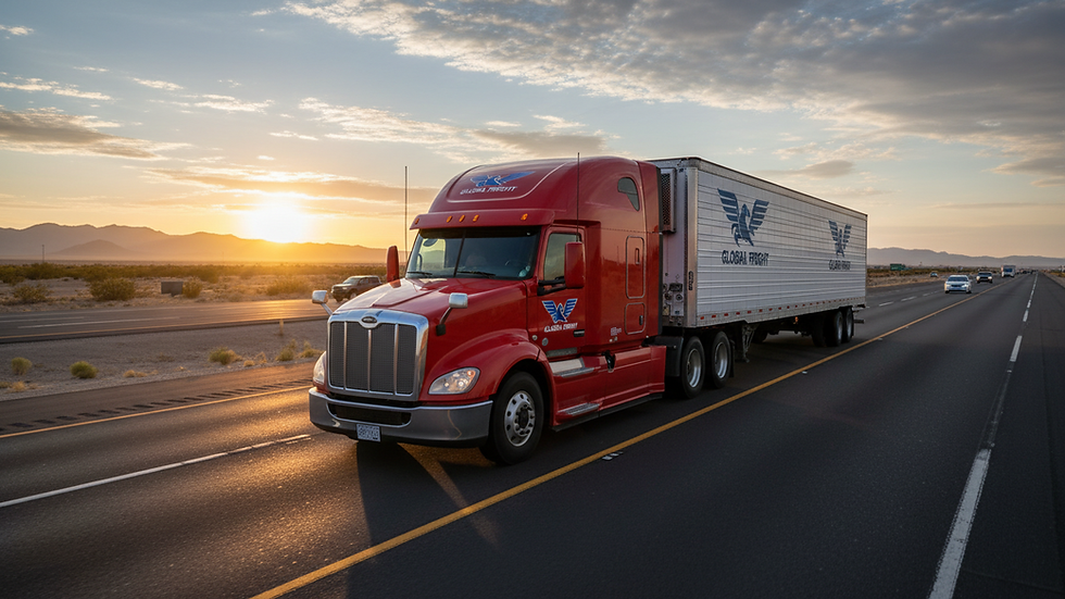 Eye-level view of a freight truck on a highway transporting goods
