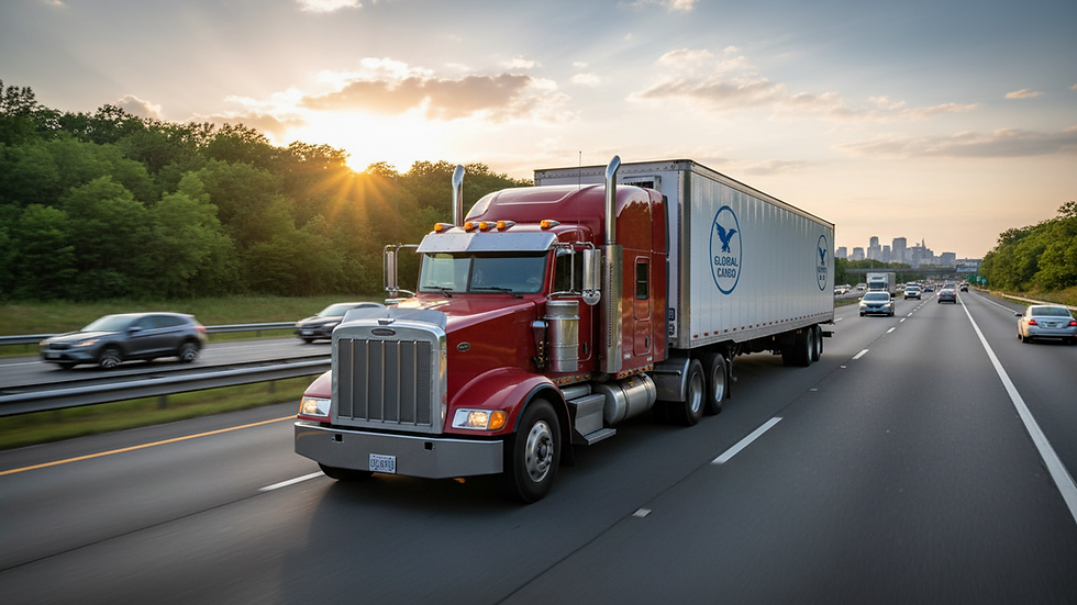Eye-level view of a freight truck on a highway transporting goods