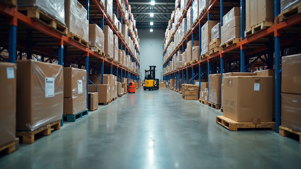 Eye-level view of a large warehouse with organized pallets and forklifts