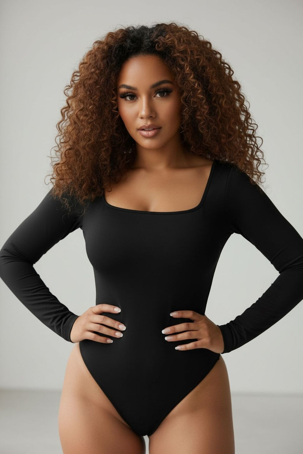 mannequin portant un body gainant col carré manches longues noir