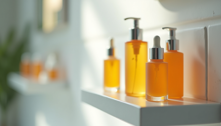 Eye-level view of skincare products arranged on a bathroom shelf