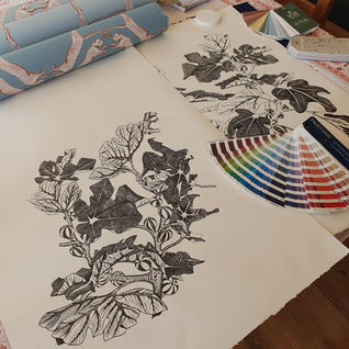 fig design, wallpaper design, wallpaper with figs, colour matching wallpaper, bespoke wallpaper, fabric design, bespoke fabric, printed to order.