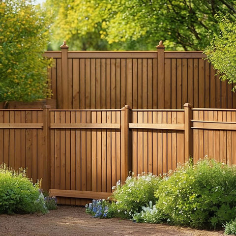 Solid garden fence painted in a chestnut brown